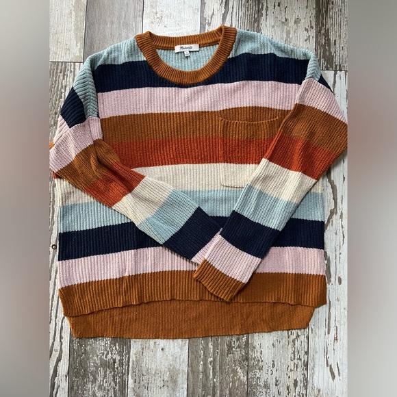 Madewell Thompson Pocket Pullover Sweater in Rainbow Stripe Size Medium - Picture 4 of 8